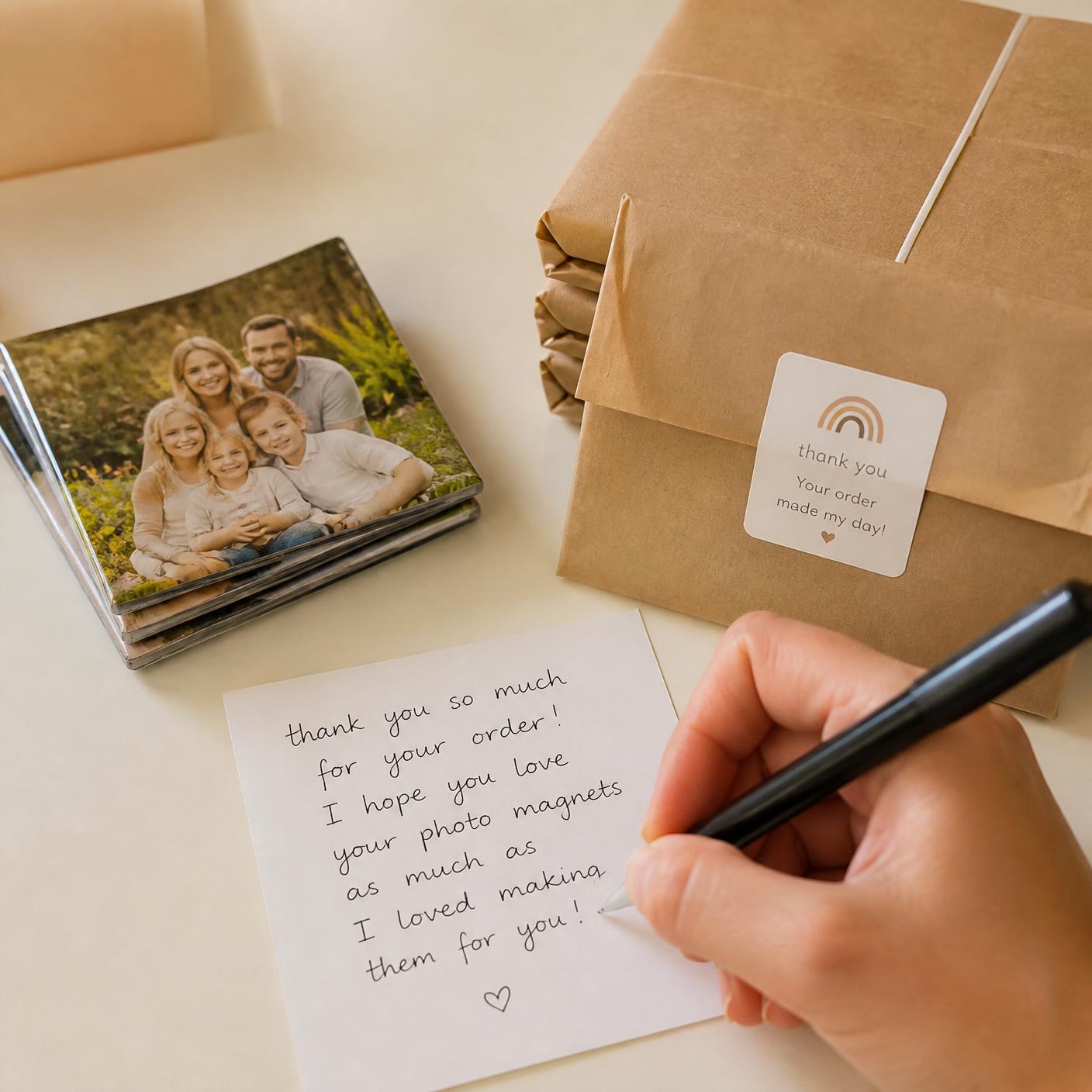 Handwritten thank-you note tucked beside freshly pressed photo magnets