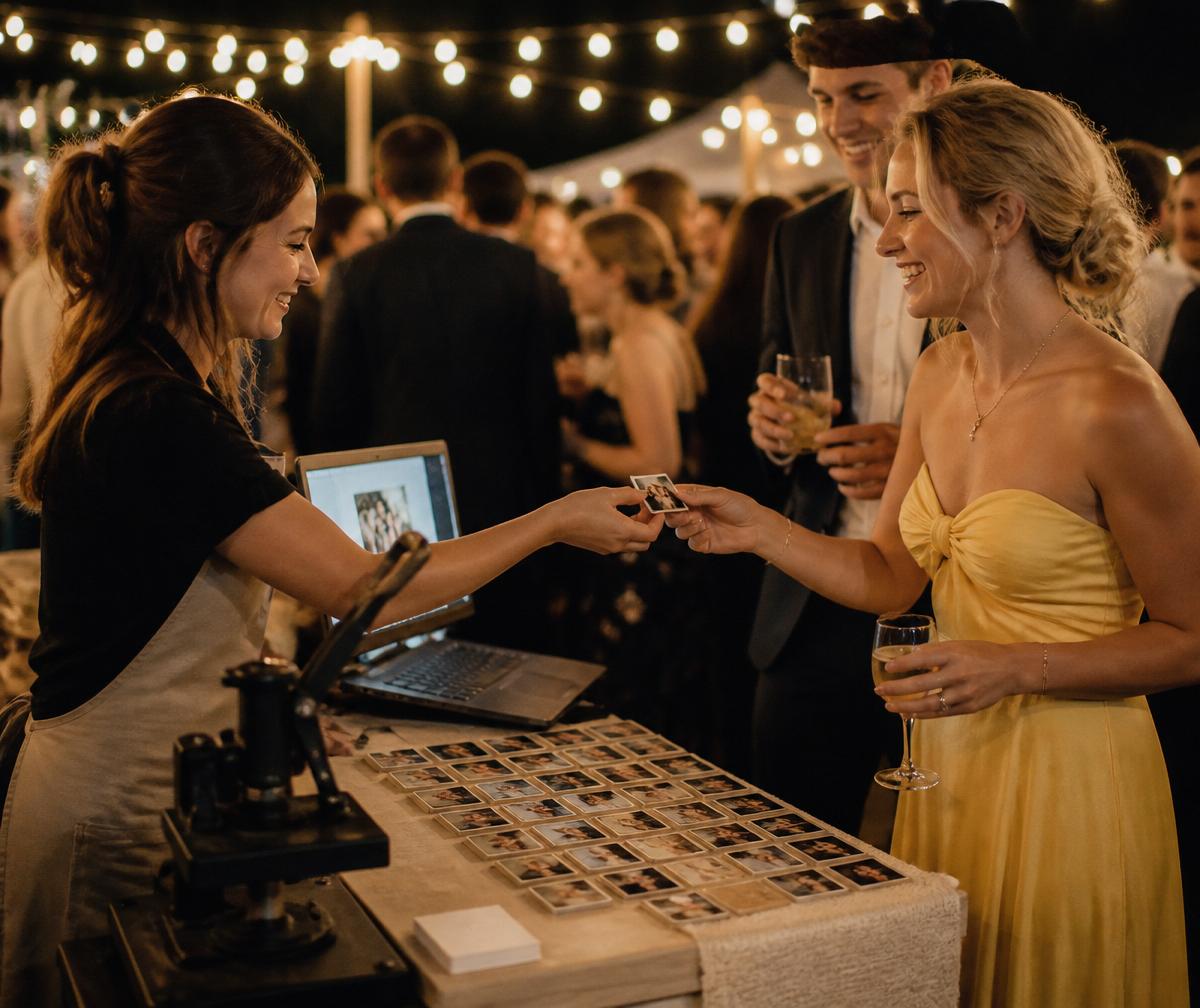 Snapped Memory Magnets booth pressing custom photo magnets at an evening wedding reception