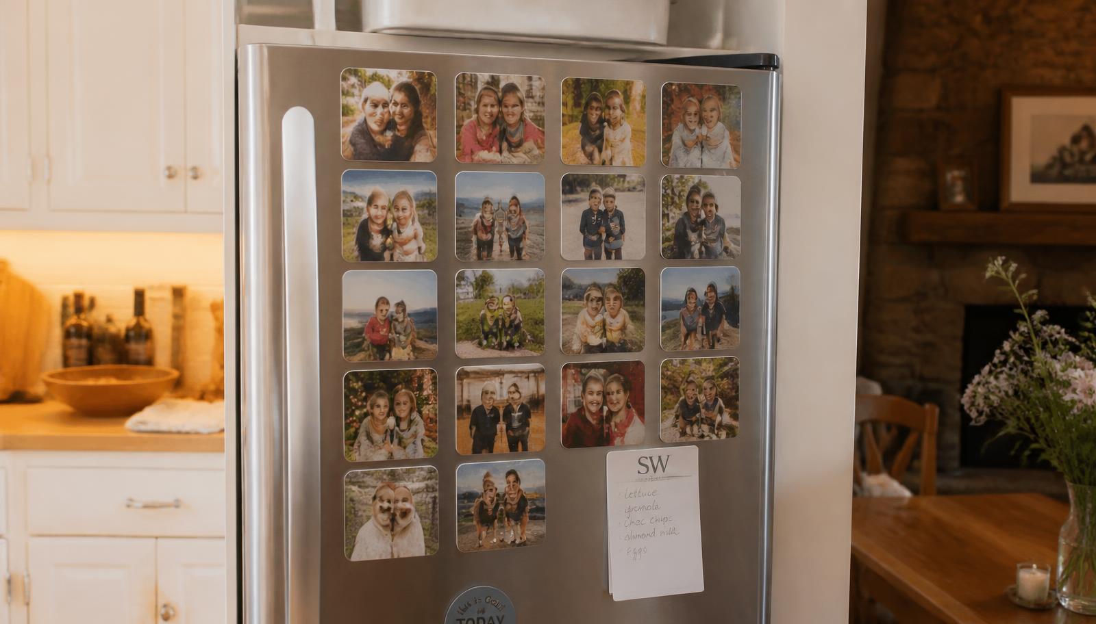 A fridge covered in custom photo magnets