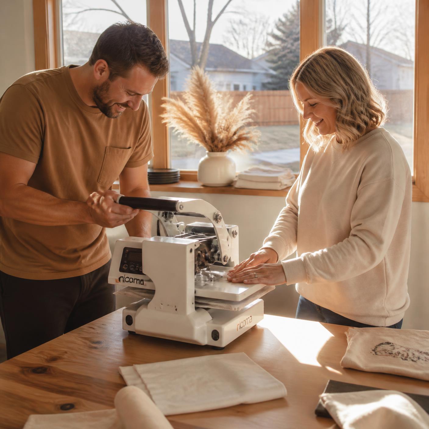 Tami and Andrew pressing photo magnets together in their Minnesota home studio